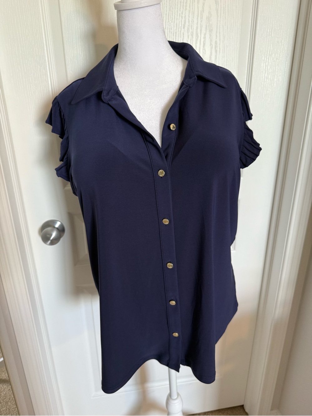 Navy Button-Front Women’s Top with Ruffled Sleeves